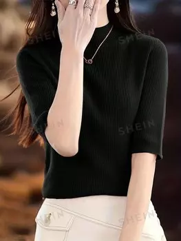 Essnce Однотонный вязаный свитер с воротником-стойкой для женщин, который можно носить весной и осенью Shein, черный