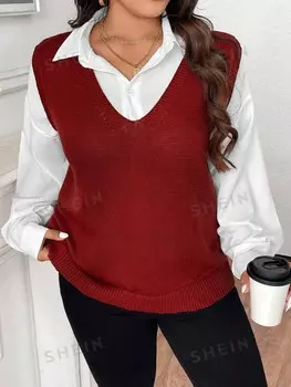 Essnce Однотонный вязаный жилет, V-образный вырез, без рукавов, повседневный свитер, большие размеры Shein, красный