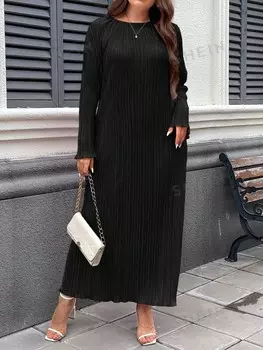 Essnce Платье с круглым вырезом и рюшами для больших размеров, прямое, свободное Shein, черный