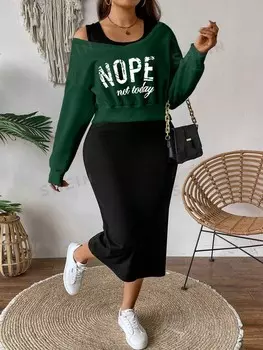 Essnce Plus Асимметричный свитер с заниженными плечами и буквенным рисунком и Однотонное платье без рукавов Shein, зеленый