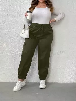 Essnce Plus Брюки-карго с боковыми карманами с клапанами Шнурок на талии Shein, темно-зеленый