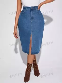 Essnce Plus Джинсовая юбка с завышенной талией и высоким разрезом Shein, синий