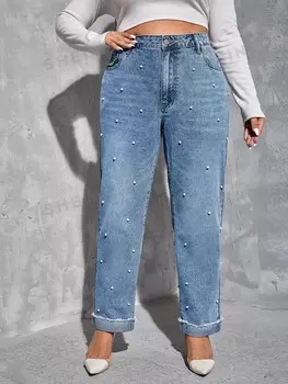 Essnce Plus Джинсы с высокой талией, расшитые бисером, жемчугом, с оборками по краю Shein, светло-голубой