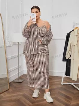 Essnce Plus Клетчатое платье-рубашка и платье-майка Shein, хаки