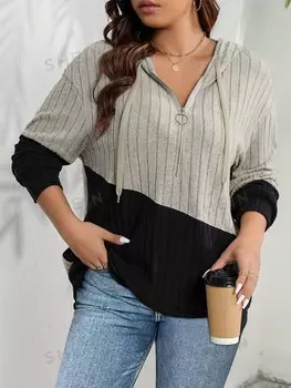 Essnce Плюс размер худи в рубчик в стиле колор-блок с декором на молнии Shein, мультиколор