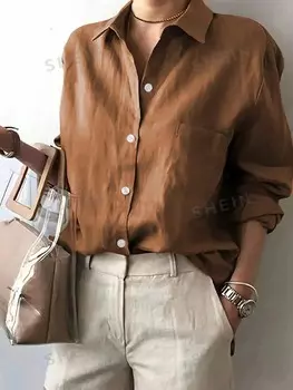 Essnce Plus Размер однотонные повседневные рубашки с длинными рукавами на весну/лето/осень Shein, кофейно-коричневый