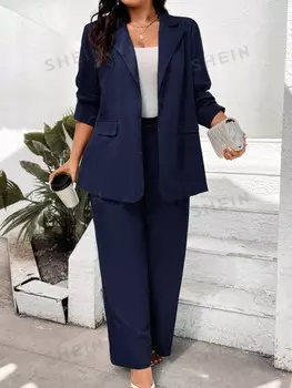 Essnce Плюс размер женский костюм с воротником и длинным рукавом на одной пуговице, комплект из куртки и брюк Shein, темно-синий