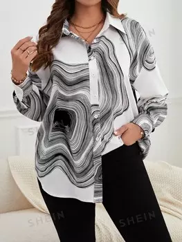 Essnce Plus рубашка с графическим принтом, заниженная линия плеча Shein, черно-белый