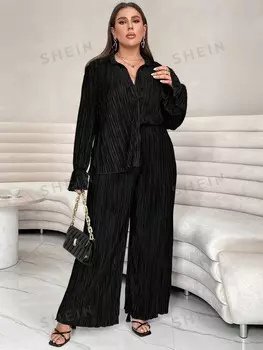 Essnce Plus Рубашка с плиссированными рукавами и широкие брюки Shein, черный