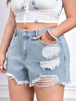 Essnce Plus Рваные джинсовые шорты Shein, светло-голубой