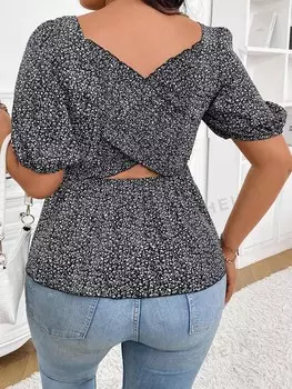 Essnce Plus Size Блузка с длинными рукавами и принтом по всей длине Shein, черный