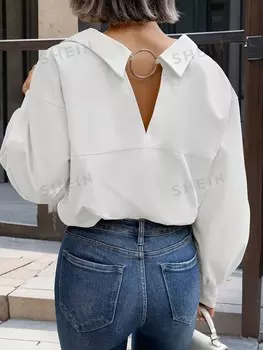 Essnce Plus Size Однотонная однобортная рубашка с длинным рукавом Shein, белый