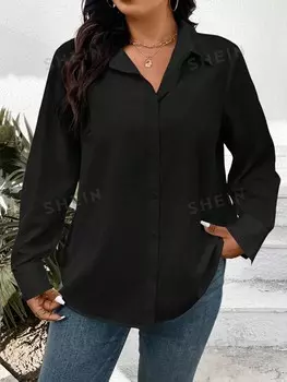 Essnce plus size, Однотонная однобортная рубашка с длинными рукавами Shein, черный