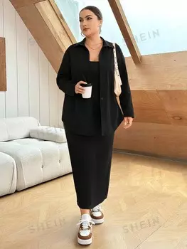 Essnce Plus Size Однотонное платье и пальто 2 шт/Компл Shein, черный