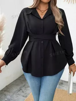 Essnce Plus Size Рубашка, крестик, длинный рукав Shein, черный