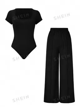 Essnce Plus Size Трикотажный комбинезон с короткими рукавами и широкими брюками для весны и лета Shein, черный