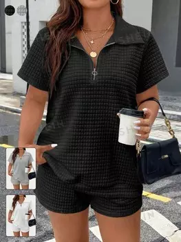 Essnce Plus Size Женский комплект из топа и брюк на молнии Shein, черный