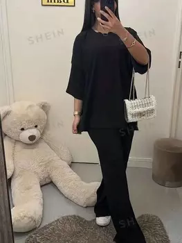 Essnce Plus Size Женский комплект однотонного цвета, простой комплект из двух предметов Shein, черный