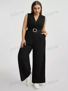 Essnce Plus Size Женский однотонный комбинезон без рукавов с воротником контрастного цвета Shein, черный