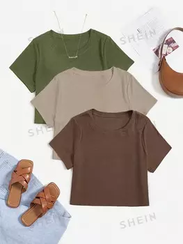 Essnce Plus Укороченная футболка, однотонная, 3 шт Shein, мультиколор