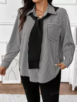 Essnce Повседневная рубашка в полоску Украшен нашивками и нашивками, длинными рукавами и карманами для женщин больших размеров Shein, черно-белый