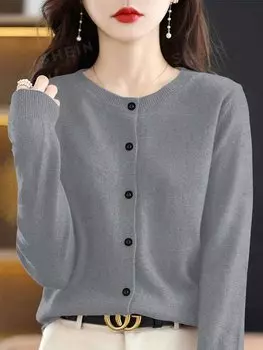 Essnce, Простой кардиган с длинными рукавами, однотонная ткань для женщин Shein, светло-серый