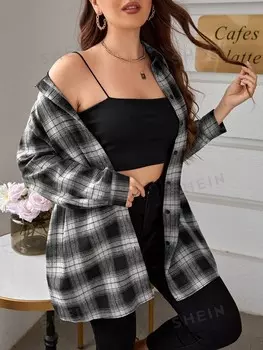 Essnce Рубашка больших размеров, узор в виде тарелок, пуговицы, заниженная линия плеча Shein, черно-белый