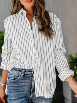 Essnce, Рубашка с длинным рукавом, узор в полоску, удобная, большой размер, весна, осень Shein, белый