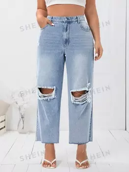 Essnce, Рваные джинсы больших размеров, Прямые брюки, лето/весна Shein, светло-голубой
