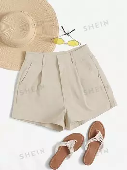 Essnce Складные шорты, простой фасон, с карманами, однотонные, для повседневной носки Shein, бежевый