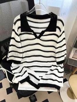 Essnce, Трикотажная рубашка со сложенным воротником, полосатый узор, можно носить для любого случая, большой размер Shein, черно-белый