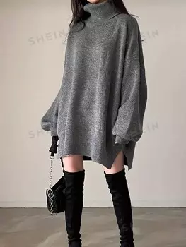 Essnce, трикотажное платье-свитер с высоким воротником и Длинными рукавами Shein, темно-серый