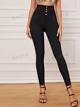 Essnce Узкие брюки с завышенной талией и пуговицами спереди Shein, черный
