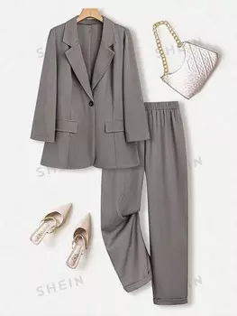 Essnce Весенне-осенний однотонный комплект из куртки и брюк для полных людей Shein, серый