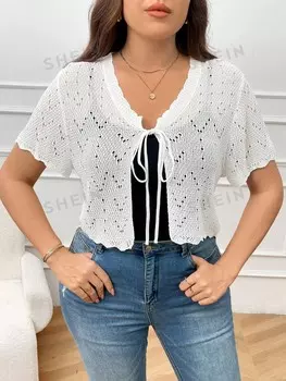 Essnce Вязаный кардиган больших размеров с V-образным вырезом и укороченными рукавами Полая деталь и завязка спереди Shein, белый