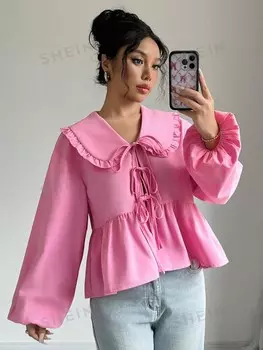 Essnce Заметный воротник с рукавами-фонариками и узлом спереди с баской на лето Shein, розовый