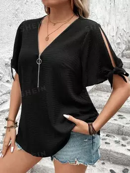 Essnce Женская футболка больших размеров, молния до половины, боковой разрез, подол Shein, черный