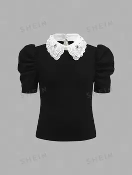 Essnce: Женская летняя повседневная облегающая черная футболка больших размеров с вышитым воротником больших размеров