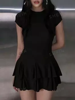 Essnce Женская мода Простая повседневная одежда Однотонный комплект из двух предметов Shein, черный