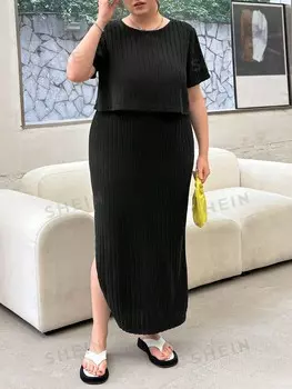 Essnce, Женская модная французская повседневная футболка больших размеров и длинная юбка с разрезом, черный летний комплект Shein, черный