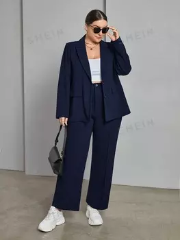 Essnce Женская одежда больших размеров Однотонный комплект из рубашки и брюк с длинными рукавами Shein, темно-синий