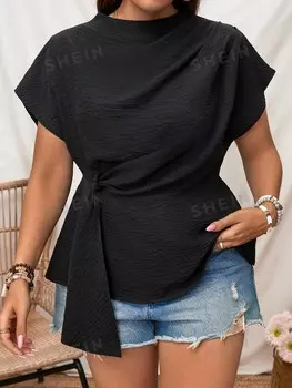 Essnce Женская однотонная рубашка больших размеров с воротником, завязкой спереди и затянутой талией Shein, черный