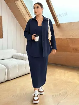 Essnce: Женская Однотонная рубашка больших размеров и платье-двойка больших размеров Shein, темно-синий