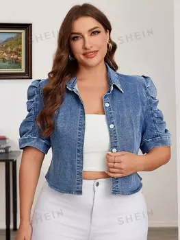 Essnce Женская повседневная короткая джинсовая куртка больших размеров Однобортный вариант с короткими рукавами-фонариками на лето Shein, светло-голубой