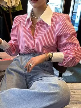 Essnce Женская повседневная рубашка, длинный рукав, эластичная ткань, в полоску, с карманами, на весну и лето Shein, розовый