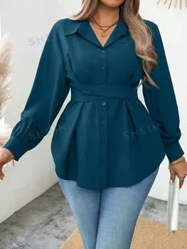 Essnce Женская рубашка больших размеров, однотонная, с длинным рукавом, перекрещенной талией Shein, зеленый