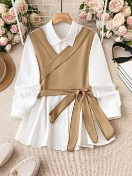 Essnce Женская рубашка больших размеров с коническим воротником в цветных блоках Shein, мультиколор