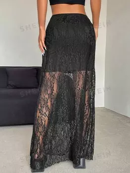 Essnce Женская сексуальная черная кружевная лоскутная легкая и дышащая длинная юбка с полевым цветком Shein, черный