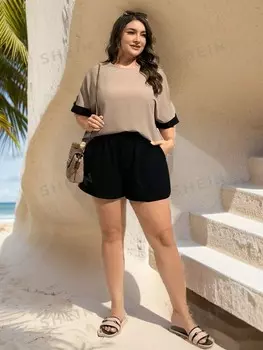 Essnce Женские летние повседневные шорты и рубашка больших размеров больших размеров, летний комплект из двух предметов, летний комплект из двух предметов, комплект шорт Shein, хаки