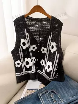 Essnce Женские повседневные вязаные топы без рукавов больших размеров с цветочным принтом весна/лето Shein, черно-белый